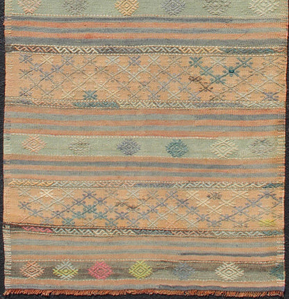 Vintage Turkish Kilim Runner With Geometric Shapes and Colorful Stripes Vintage Turkish Kilim runner with geometric shapes and colorful stripes, Keivan Woven Arts / rug TU - NED - 626, country of origin / type: turkey / Kilim, circa mid - 20th century... - Keivan Woven ArtsTU - NED - 626 - 12491Rug