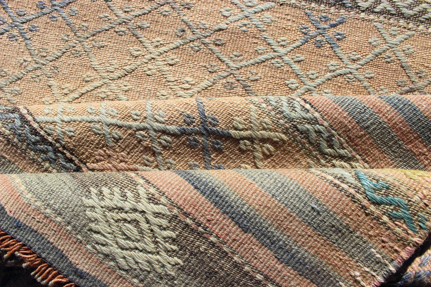 Vintage Turkish Kilim Runner With Geometric Shapes and Colorful Stripes Vintage Turkish Kilim runner with geometric shapes and colorful stripes, Keivan Woven Arts / rug TU - NED - 626, country of origin / type: turkey / Kilim, circa mid - 20th century... - Keivan Woven ArtsTU - NED - 626 - 12491Rug