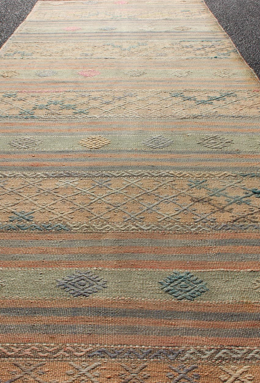 Vintage Turkish Kilim Runner With Geometric Shapes and Colorful Stripes Vintage Turkish Kilim runner with geometric shapes and colorful stripes, Keivan Woven Arts / rug TU - NED - 626, country of origin / type: turkey / Kilim, circa mid - 20th century... - Keivan Woven ArtsTU - NED - 626 - 12491Rug