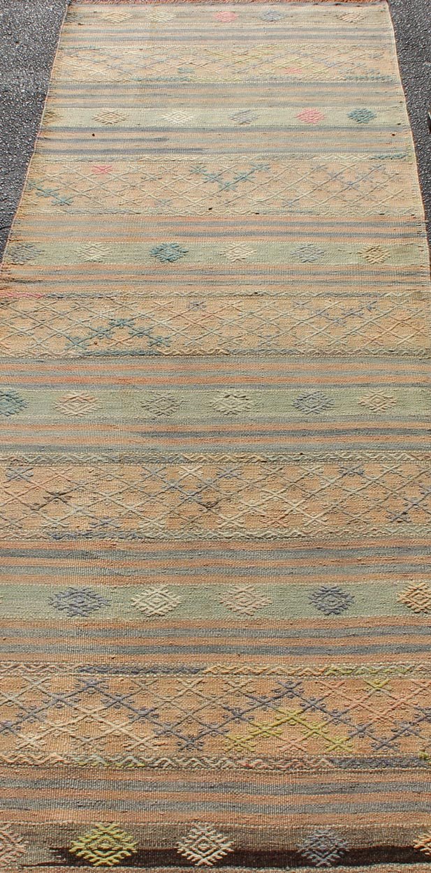 Vintage Turkish Kilim Runner with Geometric Design and Colorful Stripes Vintage Turkish Kilim runner with geometric shapes and colorful stripes, Keivan Woven Arts / rug TU - NED - 627, country of origin / type: turkey / Kilim, circa mid - 20th century... - Keivan Woven ArtsTU - NED - 627 - 12495Rug
