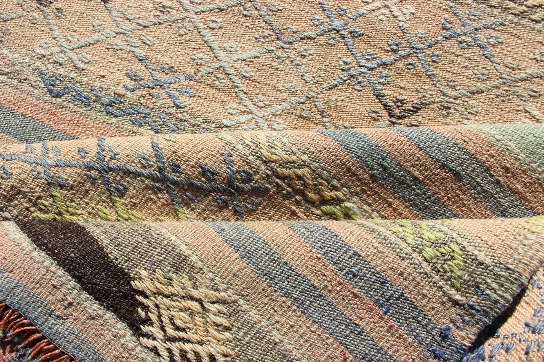 Vintage Turkish Kilim Runner with Geometric Design and Colorful Stripes Vintage Turkish Kilim runner with geometric shapes and colorful stripes, Keivan Woven Arts / rug TU - NED - 627, country of origin / type: turkey / Kilim, circa mid - 20th century... - Keivan Woven ArtsTU - NED - 627 - 12495Rug