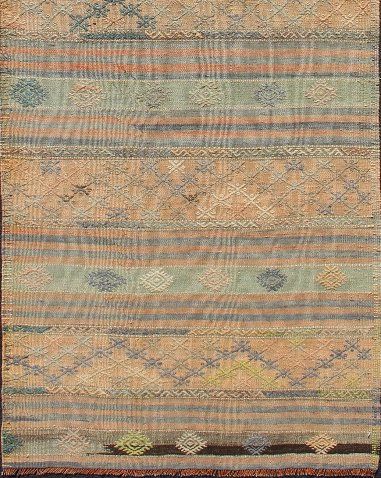 Vintage Turkish Kilim Runner with Geometric Design and Colorful Stripes Vintage Turkish Kilim runner with geometric shapes and colorful stripes, Keivan Woven Arts / rug TU - NED - 627, country of origin / type: turkey / Kilim, circa mid - 20th century... - Keivan Woven ArtsTU - NED - 627 - 12495Rug