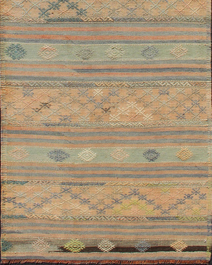 Vintage Turkish Kilim Runner with Geometric Design and Colorful Stripes Vintage Turkish Kilim runner with geometric shapes and colorful stripes, Keivan Woven Arts / rug TU - NED - 627, country of origin / type: turkey / Kilim, circa mid - 20th century... - Keivan Woven ArtsTU - NED - 627 - 12495Rug