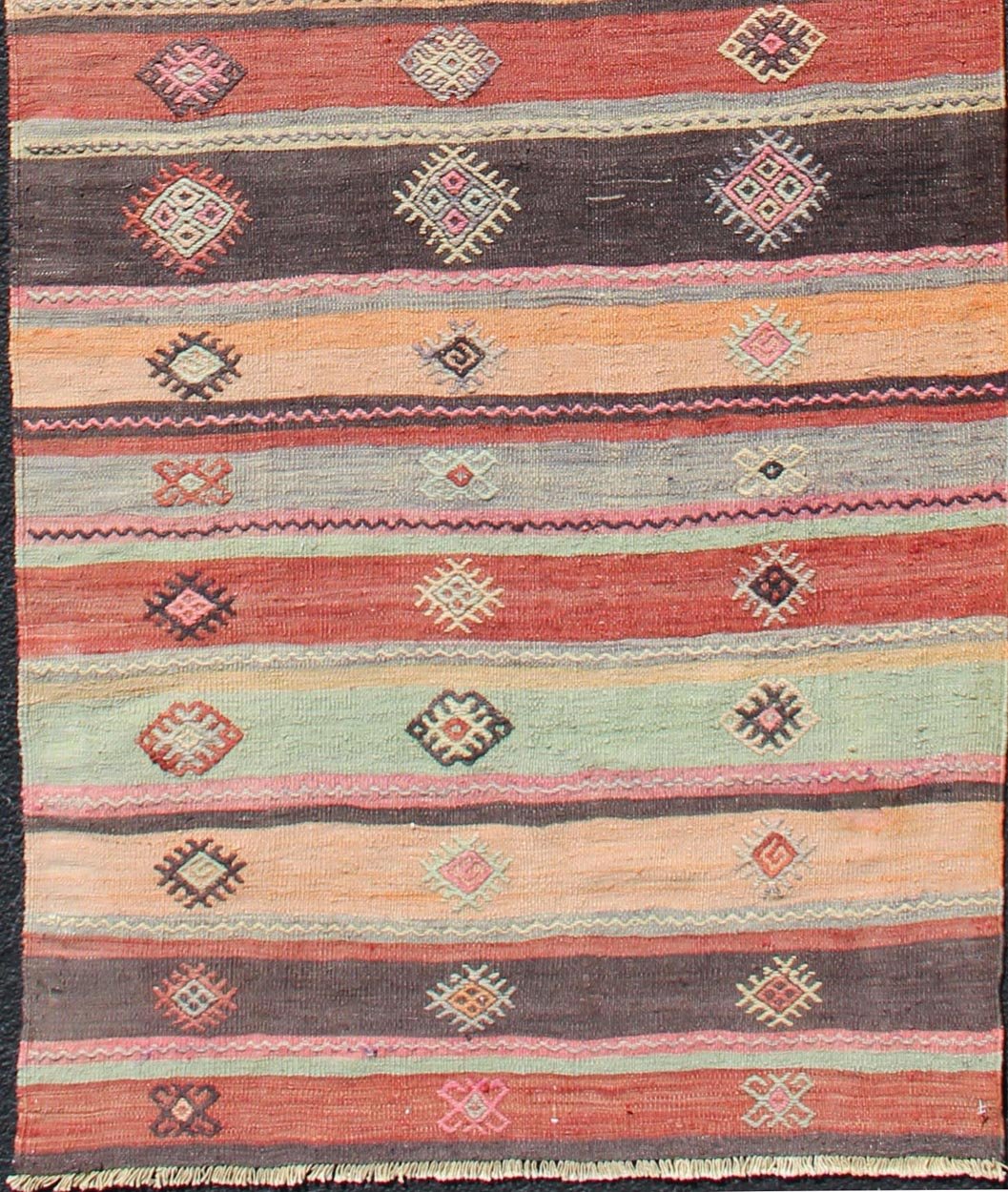 Colorful Vintage Embroidered Kilim Runner with Stripe's and Geometric Prints Keivan Woven Arts / Geometric stripe design Kilim runner in multi - colors, rug TU - NED - 628, country of origin / type: Turkey / Kilim, circa 1950 This vintage Kilim... - Keivan Woven ArtsTU - NED - 628 - 12499Rug