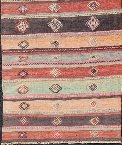 Colorful Vintage Embroidered Kilim Runner with Stripe's and Geometric Prints Keivan Woven Arts / Geometric stripe design Kilim runner in multi - colors, rug TU - NED - 628, country of origin / type: Turkey / Kilim, circa 1950 This vintage Kilim... - Keivan Woven ArtsTU - NED - 628 - 12499Rug