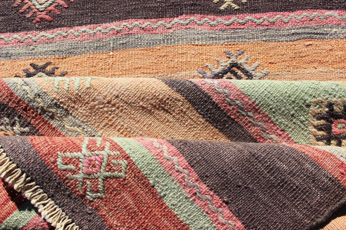 Colorful Vintage Embroidered Kilim Runner with Stripe's and Geometric Prints Keivan Woven Arts / Geometric stripe design Kilim runner in multi - colors, rug TU - NED - 628, country of origin / type: Turkey / Kilim, circa 1950 This vintage Kilim... - Keivan Woven ArtsTU - NED - 628 - 12499Rug