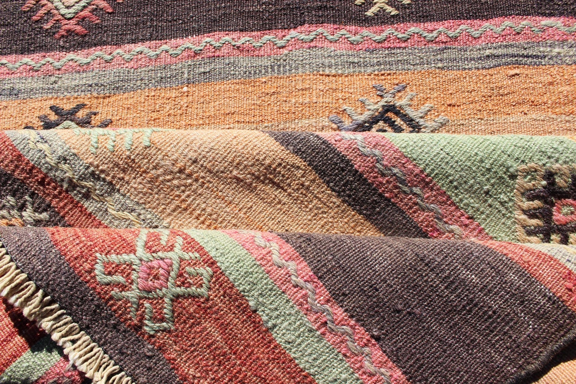 Colorful Vintage Embroidered Kilim Runner with Stripe's and Geometric Prints Keivan Woven Arts / Geometric stripe design Kilim runner in multi - colors, rug TU - NED - 628, country of origin / type: Turkey / Kilim, circa 1950 This vintage Kilim... - Keivan Woven ArtsTU - NED - 628 - 12499Rug