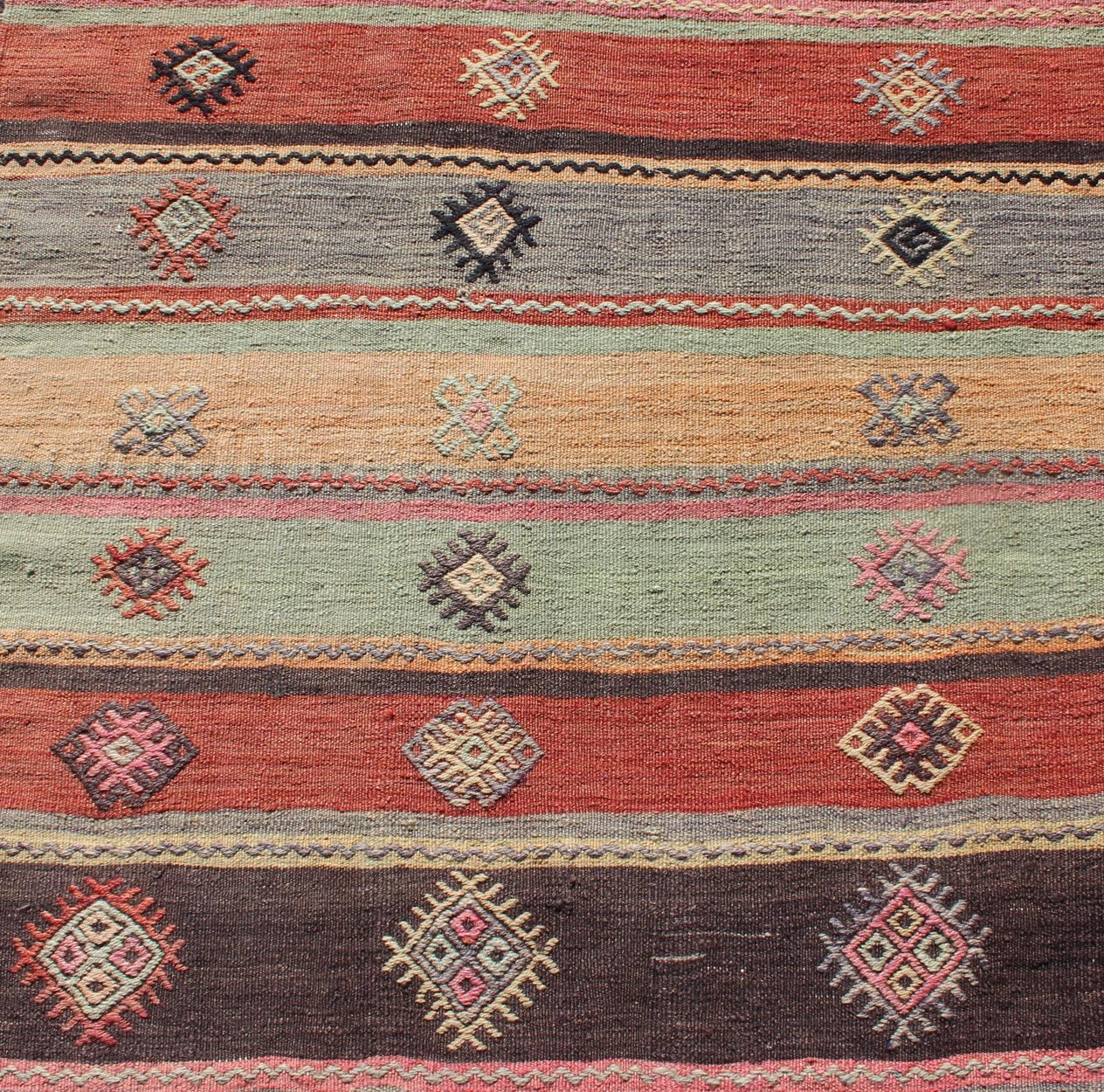Colorful Vintage Embroidered Kilim Runner with Stripe's and Geometric Prints Keivan Woven Arts / Geometric stripe design Kilim runner in multi - colors, rug TU - NED - 628, country of origin / type: Turkey / Kilim, circa 1950 This vintage Kilim... - Keivan Woven ArtsTU - NED - 628 - 12499Rug