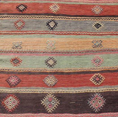 Colorful Vintage Embroidered Kilim Runner with Stripe's and Geometric Prints Keivan Woven Arts / Geometric stripe design Kilim runner in multi - colors, rug TU - NED - 628, country of origin / type: Turkey / Kilim, circa 1950 This vintage Kilim... - Keivan Woven ArtsTU - NED - 628 - 12499Rug