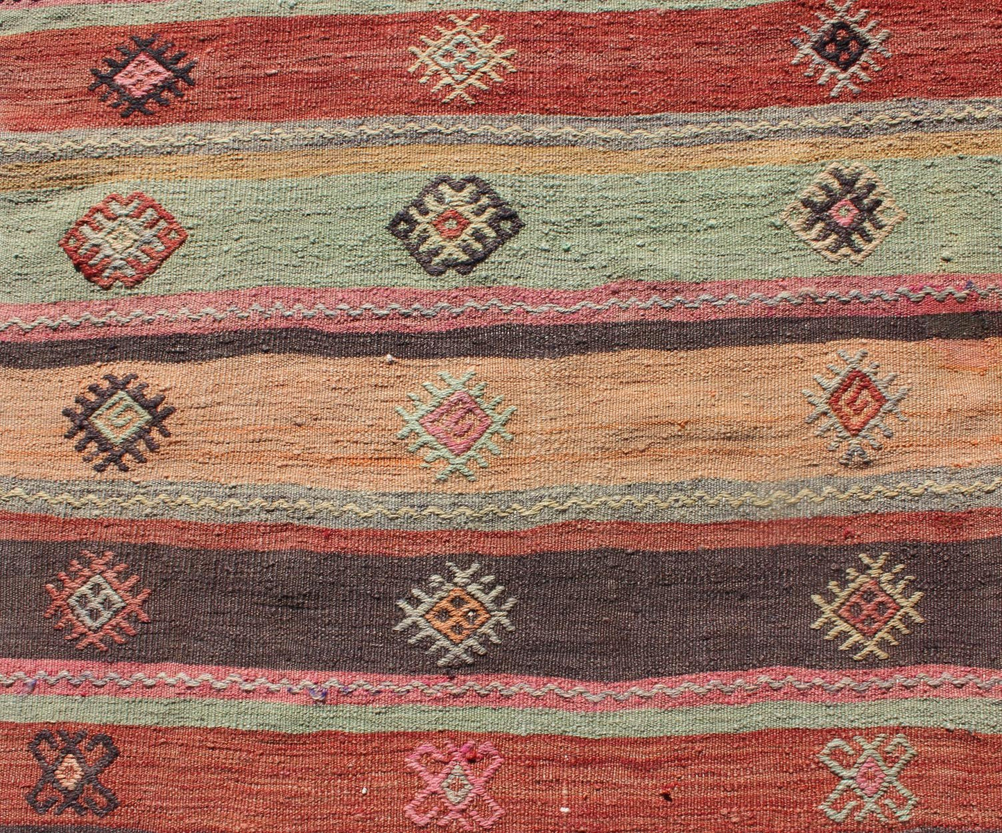 Colorful Vintage Embroidered Kilim Runner with Stripe's and Geometric Prints Keivan Woven Arts / Geometric stripe design Kilim runner in multi - colors, rug TU - NED - 628, country of origin / type: Turkey / Kilim, circa 1950 This vintage Kilim... - Keivan Woven ArtsTU - NED - 628 - 12499Rug