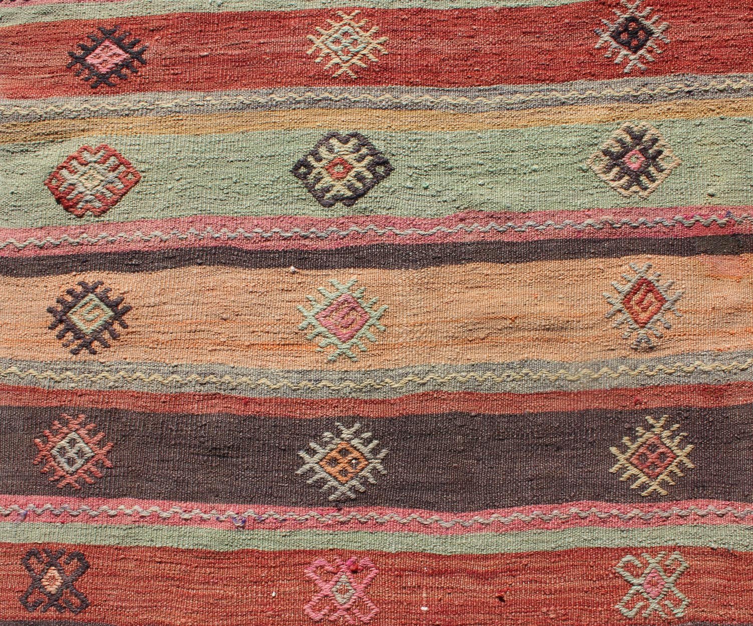 Colorful Vintage Embroidered Kilim Runner with Stripe's and Geometric Prints Keivan Woven Arts / Geometric stripe design Kilim runner in multi - colors, rug TU - NED - 628, country of origin / type: Turkey / Kilim, circa 1950 This vintage Kilim... - Keivan Woven ArtsTU - NED - 628 - 12499Rug