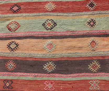 Colorful Vintage Embroidered Kilim Runner with Stripe's and Geometric Prints Keivan Woven Arts / Geometric stripe design Kilim runner in multi - colors, rug TU - NED - 628, country of origin / type: Turkey / Kilim, circa 1950 This vintage Kilim... - Keivan Woven ArtsTU - NED - 628 - 12499Rug
