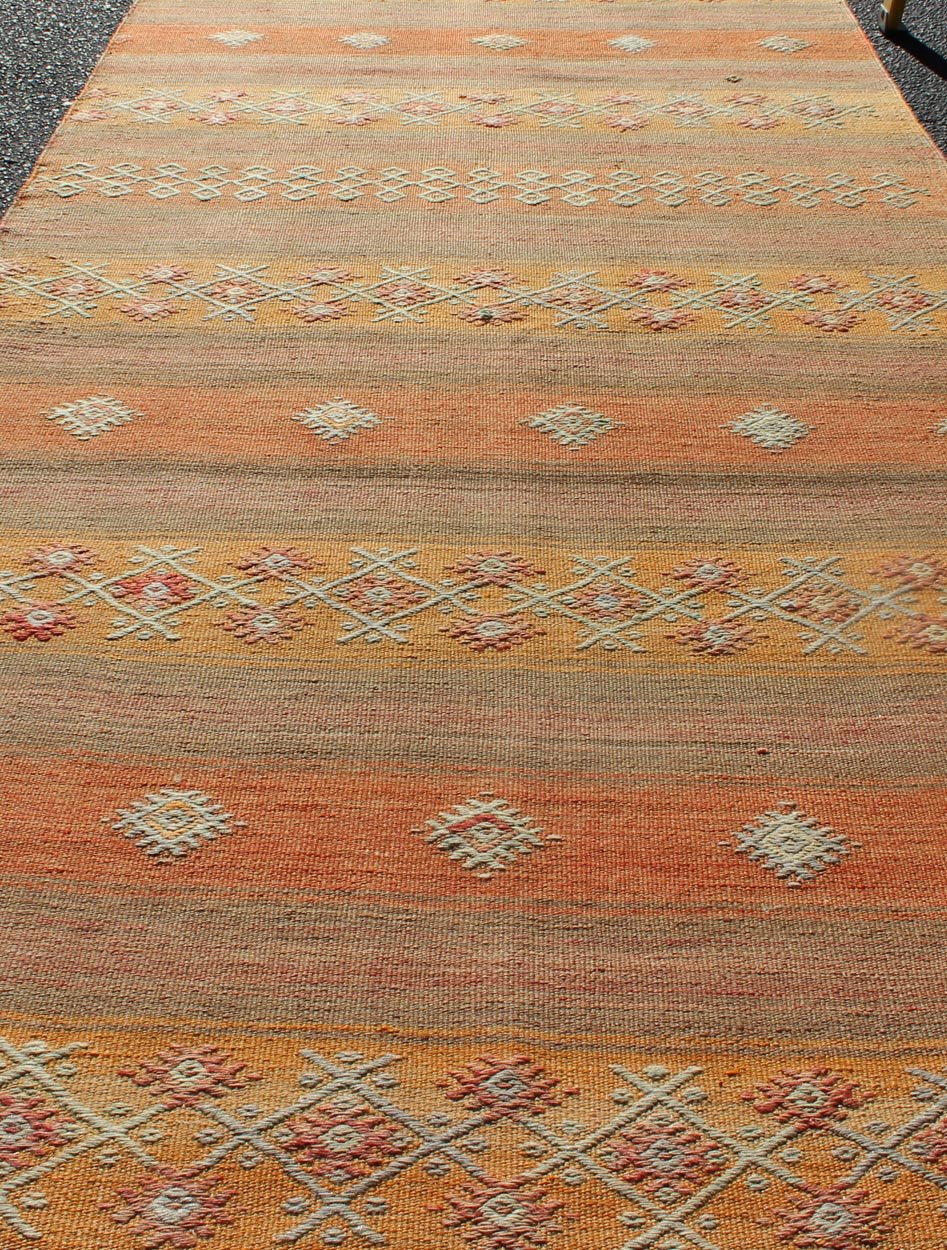 Vintage Hand Woven Turkish Kilim Colorful Stripe Runner With Tribal Motifs Colorful Vintage Turkish Kilim runner with a stripe and modern design, Minimalist stripe design Kilim runner from Turkey, Keivan Woven Arts; rug TU - NED - 630, country of or... - Keivan Woven ArtsTU - NED - 630 - 12505Rug