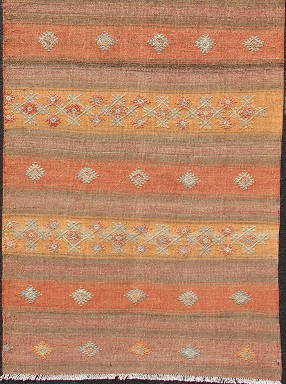 Vintage Hand Woven Turkish Kilim Colorful Stripe Runner With Tribal Motifs Colorful Vintage Turkish Kilim runner with a stripe and modern design, Minimalist stripe design Kilim runner from Turkey, Keivan Woven Arts; rug TU - NED - 630, country of or... - Keivan Woven ArtsTU - NED - 630 - 12505Rug