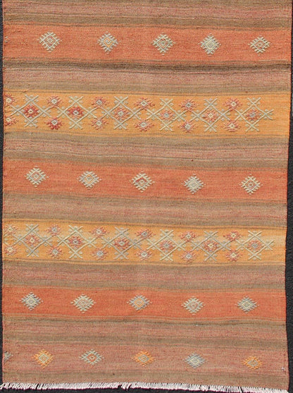 Vintage Hand Woven Turkish Kilim Colorful Stripe Runner With Tribal Motifs Colorful Vintage Turkish Kilim runner with a stripe and modern design, Minimalist stripe design Kilim runner from Turkey, Keivan Woven Arts; rug TU - NED - 630, country of or... - Keivan Woven ArtsTU - NED - 630 - 12505Rug