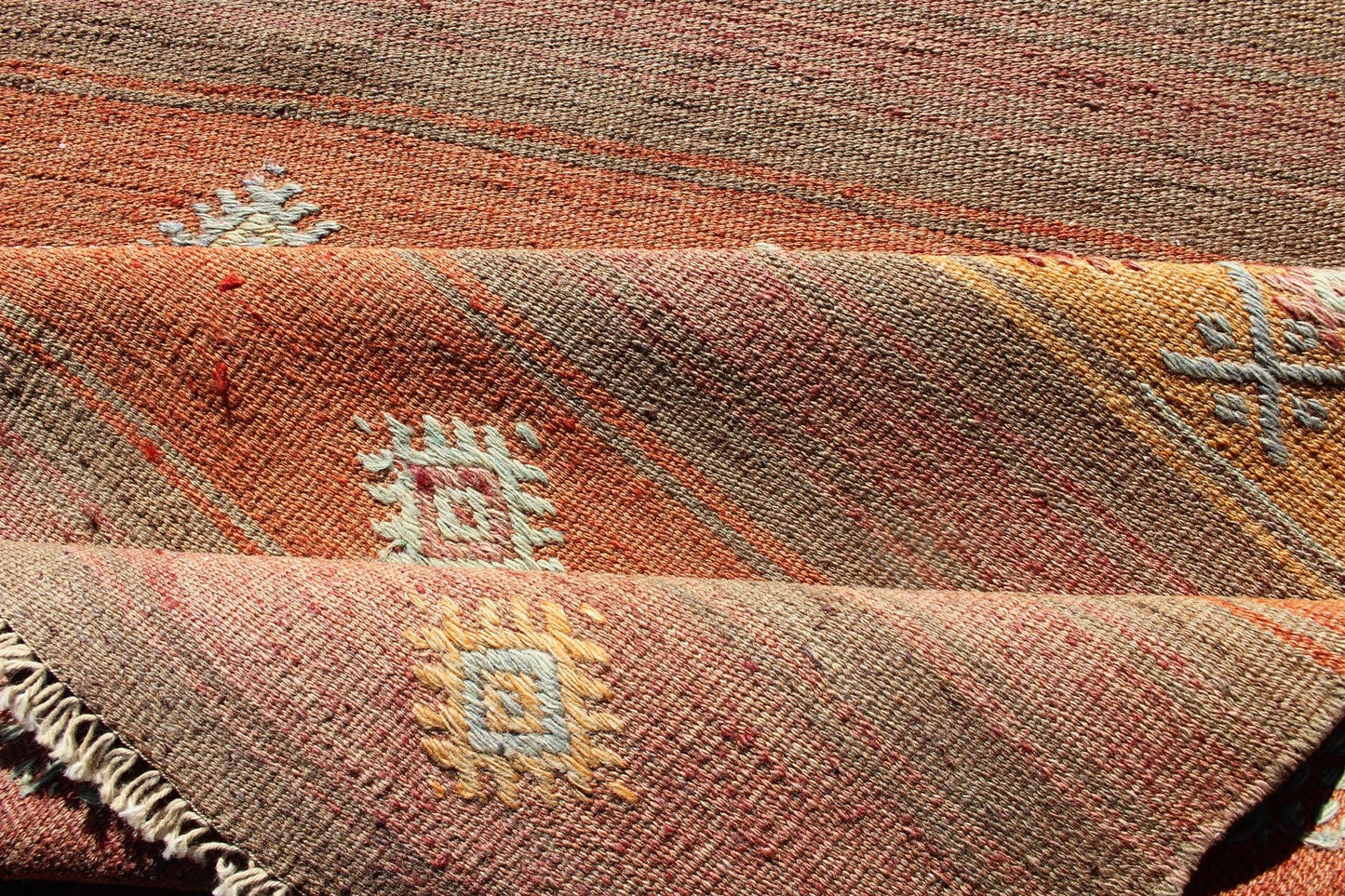 Colorful Vintage Turkish Kilim Rug with Horizontal Stripes and Geometric Shapes Vintage Turkish Kilim runner with horizontal stripes and scattered geometric shapes, rug TU - NED - 631, country of origin / type: Turkey / Kilim, circa mid - 20th century... - Keivan Woven ArtsTU - NED - 631 - 12509Rug