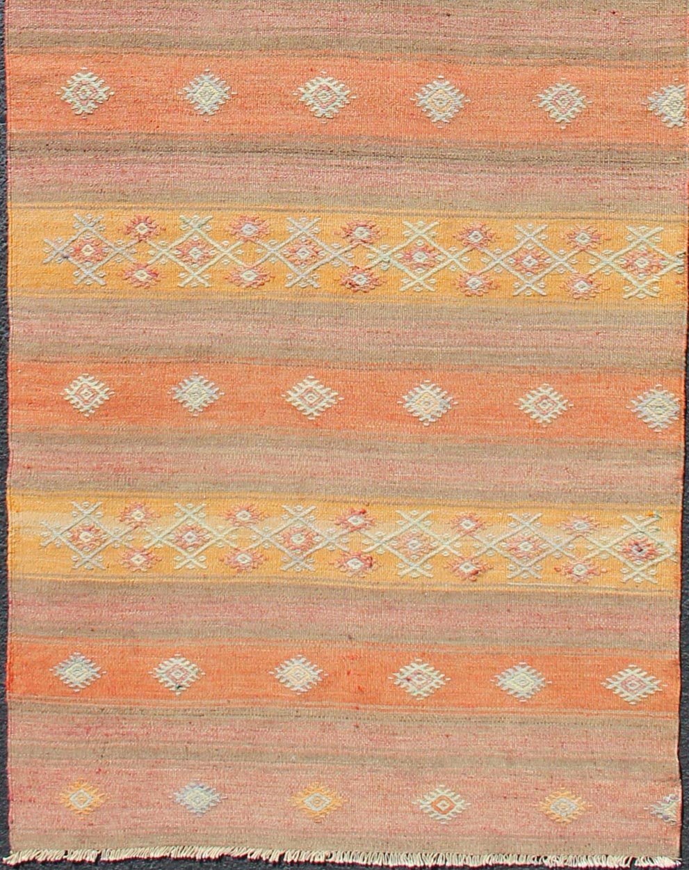 Colorful Vintage Turkish Kilim Rug with Horizontal Stripes and Geometric Shapes Vintage Turkish Kilim runner with horizontal stripes and scattered geometric shapes, rug TU - NED - 631, country of origin / type: Turkey / Kilim, circa mid - 20th century... - Keivan Woven ArtsTU - NED - 631 - 12509Rug