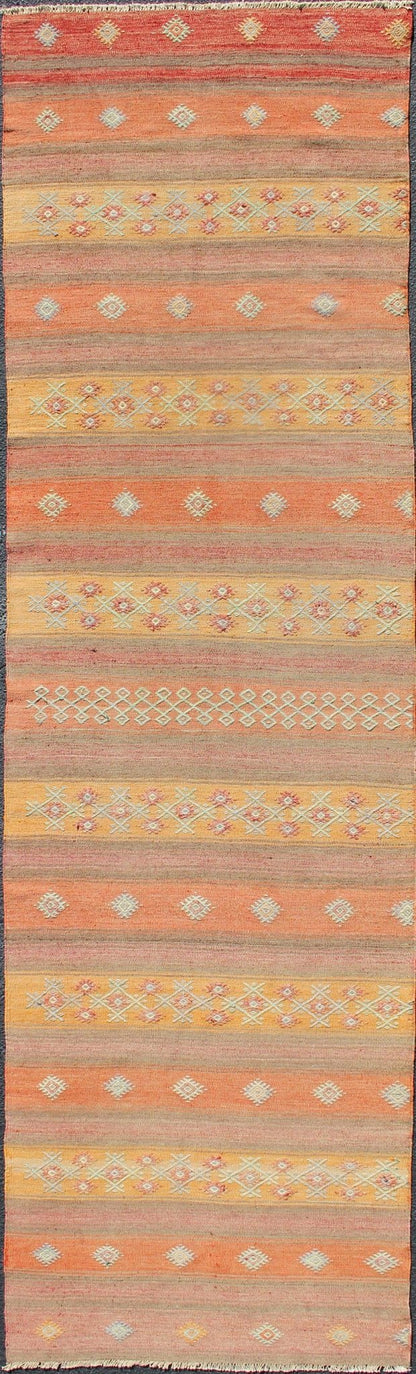 Colorful Vintage Turkish Kilim Rug with Horizontal Stripes and Geometric Shapes Vintage Turkish Kilim runner with horizontal stripes and scattered geometric shapes, rug TU - NED - 631, country of origin / type: Turkey / Kilim, circa mid - 20th century... - Keivan Woven ArtsTU - NED - 631 - 12509Rug
