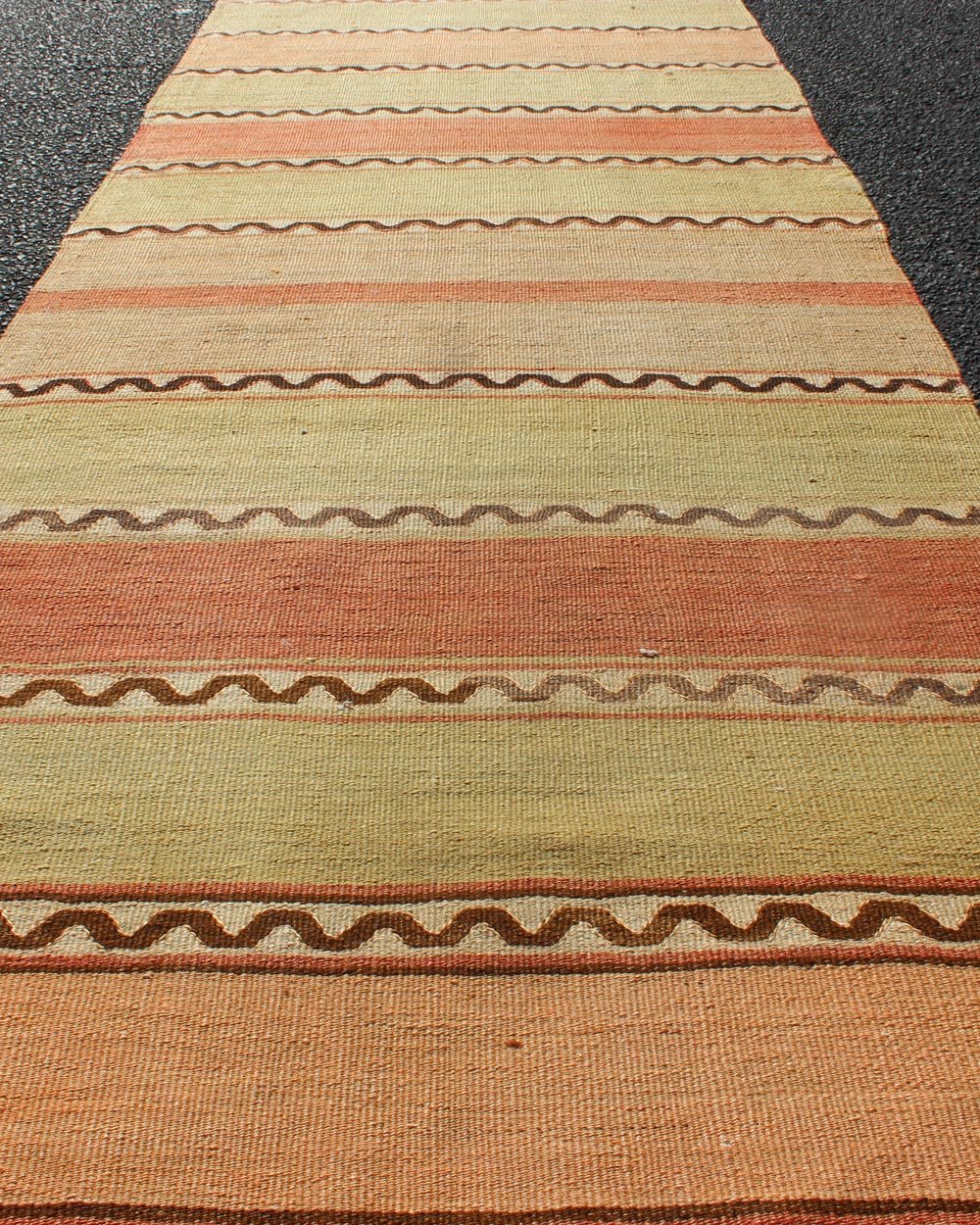 Vintage Turkish Kilim Runner with Stripes in Red, Green, Yellow, and Orange Turkish Kilim runner with stripes in red, green, yellow, orange, Keivan Woven Arts / rug TU - NED - 635, country of origin / type: Turkey / Kilim, circa mid - 20th century ... - Keivan Woven ArtsTU - NED - 635 - 12513Rug