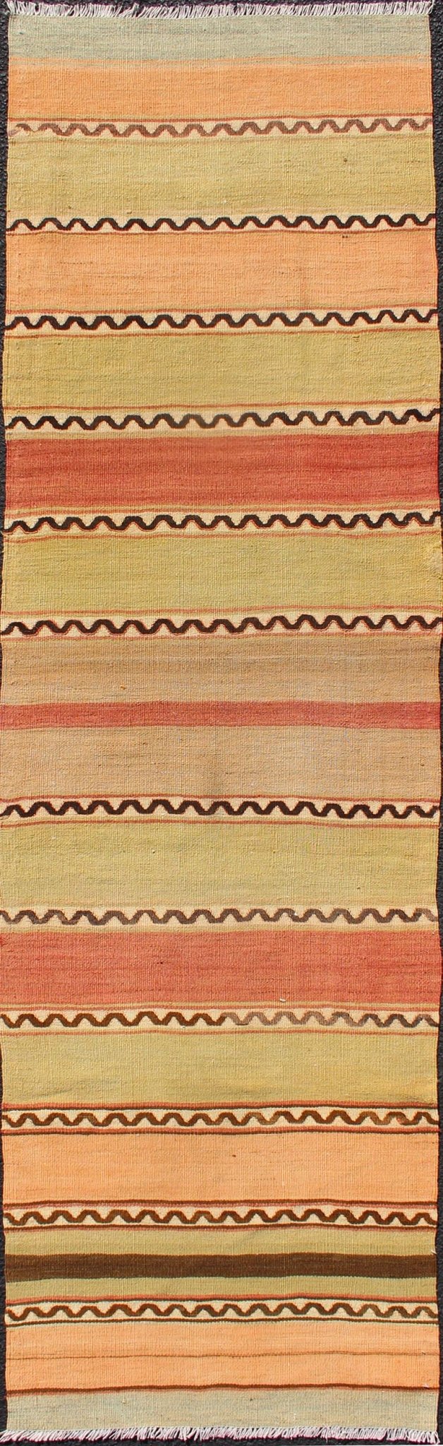 Vintage Turkish Kilim Runner with Stripes in Red, Green, Yellow, and Orange Turkish Kilim runner with stripes in red, green, yellow, orange, Keivan Woven Arts / rug TU - NED - 635, country of origin / type: Turkey / Kilim, circa mid - 20th century ... - Keivan Woven ArtsTU - NED - 635 - 12513Rug
