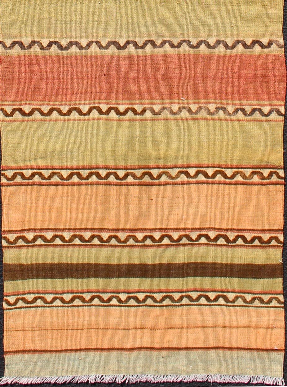Vintage Turkish Kilim Runner with Stripes in Red, Green, Yellow, and Orange Turkish Kilim runner with stripes in red, green, yellow, orange, Keivan Woven Arts / rug TU - NED - 635, country of origin / type: Turkey / Kilim, circa mid - 20th century ... - Keivan Woven ArtsTU - NED - 635 - 12513Rug