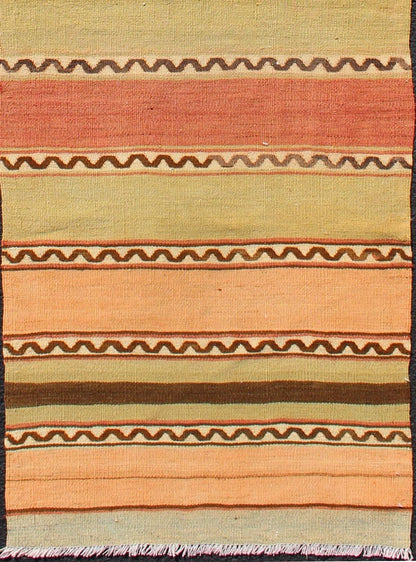 Vintage Turkish Kilim Runner with Stripes in Red, Green, Yellow, and Orange Turkish Kilim runner with stripes in red, green, yellow, orange, Keivan Woven Arts / rug TU - NED - 635, country of origin / type: Turkey / Kilim, circa mid - 20th century ... - Keivan Woven ArtsTU - NED - 635 - 12513Rug