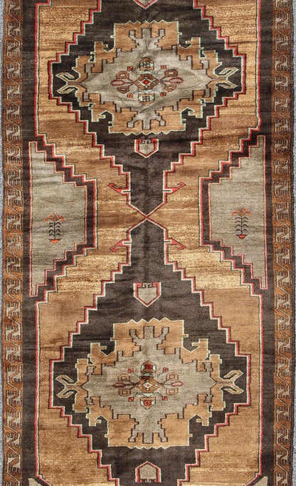 Vintage Turkish Gallery Runner in Gold, Brown, Taupe and Red Accents Rug/TU - SIM - 10, Vintage Konya gallery runner, vintage gallery runner, gallery runner, gallery rug Vintage Gallery Runner - With two central, bold and striking medallions, this p... - Keivan Woven ArtsTU - SIM - 10 - 3914Rug