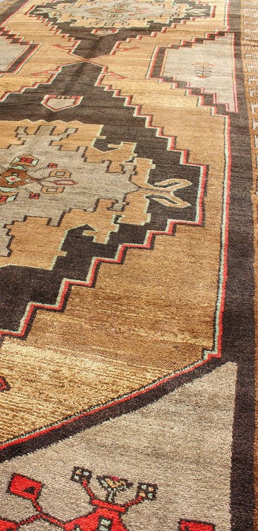 Vintage Turkish Gallery Runner in Gold, Brown, Taupe and Red Accents Rug/TU - SIM - 10, Vintage Konya gallery runner, vintage gallery runner, gallery runner, gallery rug Vintage Gallery Runner - With two central, bold and striking medallions, this p... - Keivan Woven ArtsTU - SIM - 10 - 3914Rug