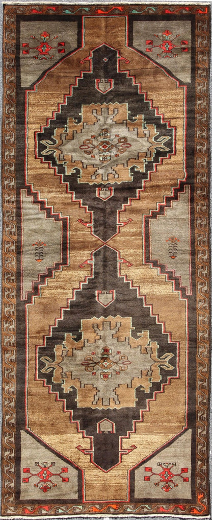 Vintage Turkish Gallery Runner in Gold, Brown, Taupe and Red Accents Rug/TU - SIM - 10, Vintage Konya gallery runner, vintage gallery runner, gallery runner, gallery rug Vintage Gallery Runner - With two central, bold and striking medallions, this p... - Keivan Woven ArtsTU - SIM - 10 - 3914Rug