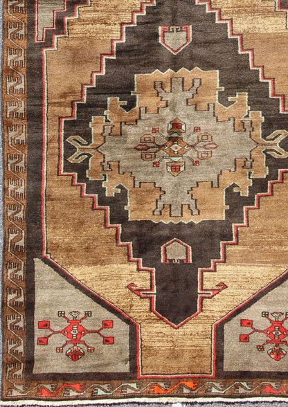 Vintage Turkish Gallery Runner in Gold, Brown, Taupe and Red Accents Rug/TU - SIM - 10, Vintage Konya gallery runner, vintage gallery runner, gallery runner, gallery rug Vintage Gallery Runner - With two central, bold and striking medallions, this p... - Keivan Woven ArtsTU - SIM - 10 - 3914Rug