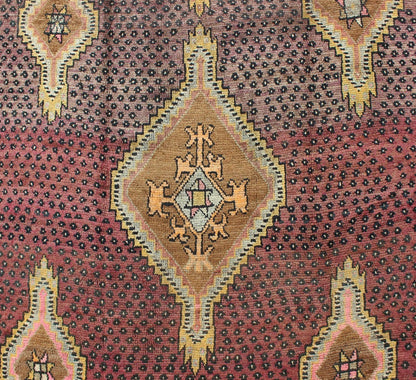 Vintage Turkish Medallion Oushak Kars Gallery Runner in Gold and Burgundy Measures: 5'7 x 12'8 This unique Turkish gallery runner rests beautifully upon a field of elegant purple and eggplant colors. The field medallions are decorated wi... - Keivan Woven ArtsTU - SIM - 136501 - 5026Rug