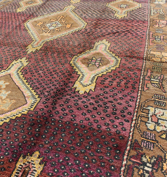 Vintage Turkish Medallion Oushak Kars Gallery Runner in Gold and Burgundy Measures: 5'7 x 12'8 This unique Turkish gallery runner rests beautifully upon a field of elegant purple and eggplant colors. The field medallions are decorated wi... - Keivan Woven ArtsTU - SIM - 136501 - 5026Rug