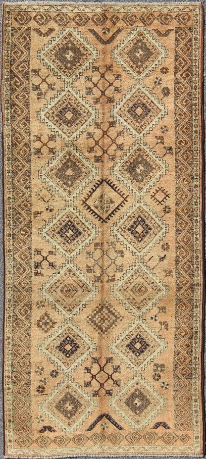 Vintage Tribal Turkish wide runner with Repeating Diamond & Geometric Motifs,Tribal Turkish Oushak Gallery Rug, Vintage tribal rug, Moroccan rug, vintage Moroccan Vintage Oushak Rug from Turkey in with Tribal and Diamond Motifs, rug TU - SIM - 26, count... - Keivan Woven ArtsTU - SIM - 26 - 3918Rug