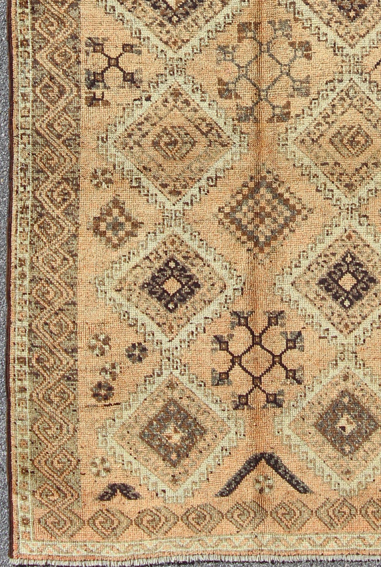 Vintage Tribal Turkish wide runner with Repeating Diamond & Geometric Motifs,Tribal Turkish Oushak Gallery Rug, Vintage tribal rug, Moroccan rug, vintage Moroccan Vintage Oushak Rug from Turkey in with Tribal and Diamond Motifs, rug TU - SIM - 26, count... - Keivan Woven ArtsTU - SIM - 26 - 3918Rug
