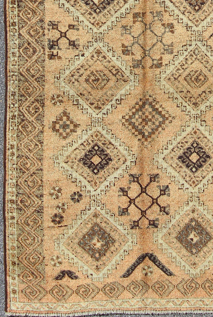 Vintage Tribal Turkish wide runner with Repeating Diamond & Geometric Motifs,Tribal Turkish Oushak Gallery Rug, Vintage tribal rug, Moroccan rug, vintage Moroccan Vintage Oushak Rug from Turkey in with Tribal and Diamond Motifs, rug TU - SIM - 26, count... - Keivan Woven ArtsTU - SIM - 26 - 3918Rug