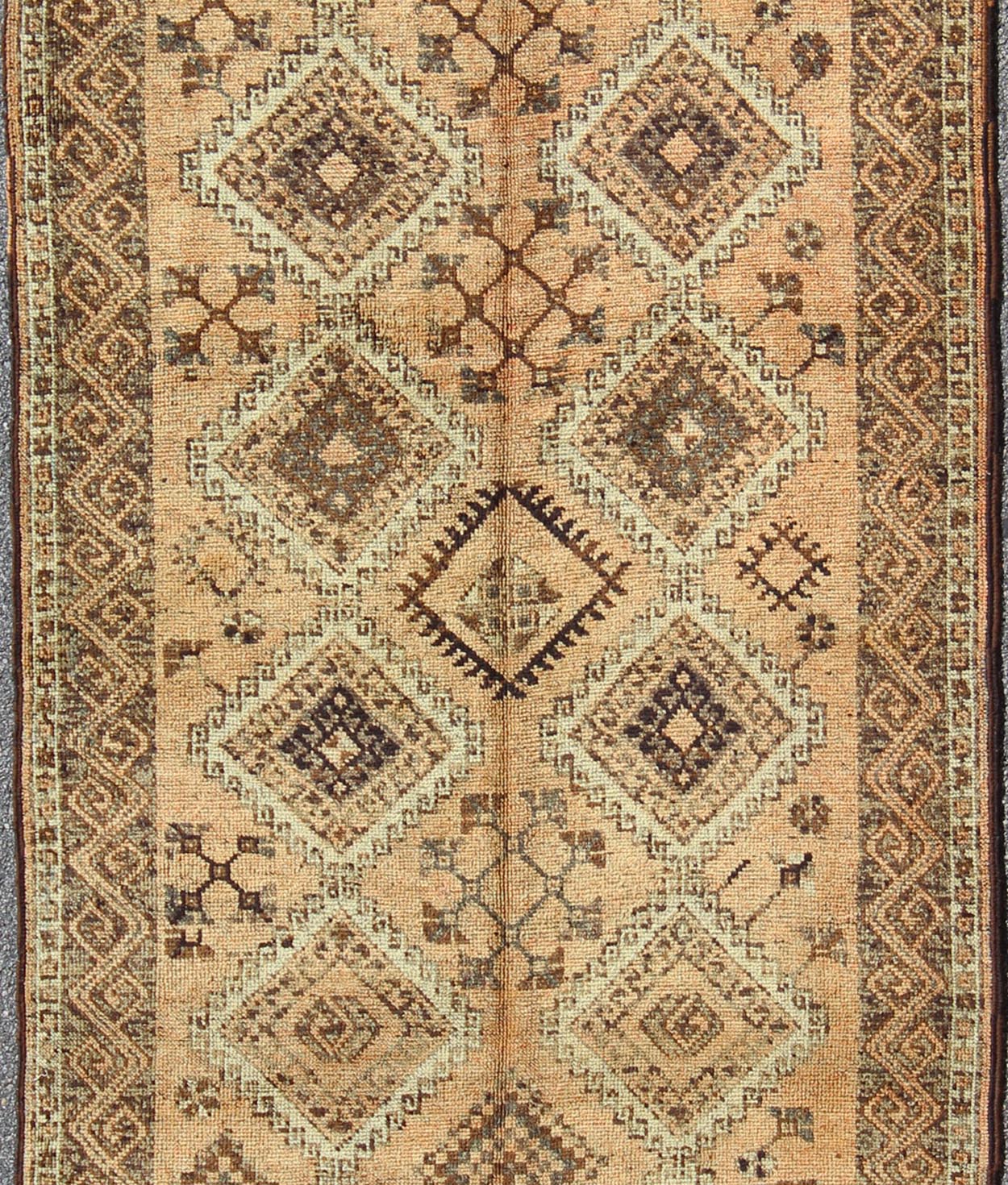 Vintage Tribal Turkish wide runner with Repeating Diamond & Geometric Motifs,Tribal Turkish Oushak Gallery Rug, Vintage tribal rug, Moroccan rug, vintage Moroccan Vintage Oushak Rug from Turkey in with Tribal and Diamond Motifs, rug TU - SIM - 26, count... - Keivan Woven ArtsTU - SIM - 26 - 3918Rug
