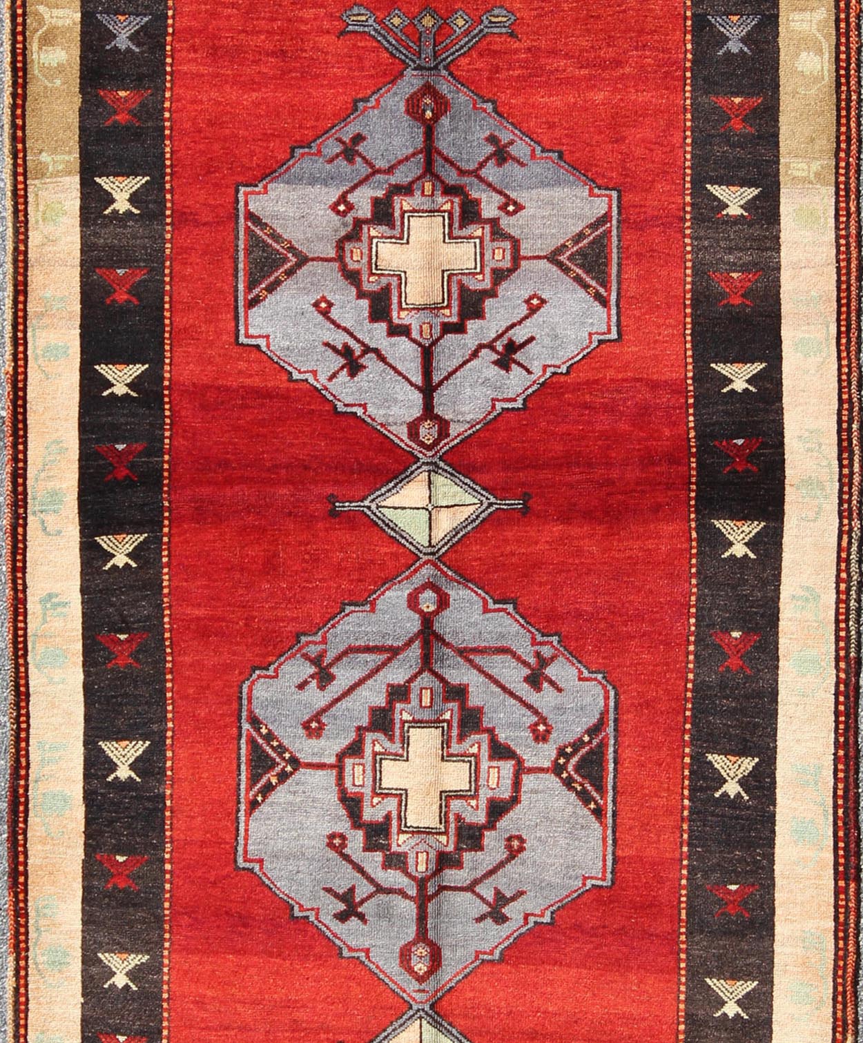 Vintage Turkish Oushak Rug With Multi - Layered Diamond Medallions in Beautiful Red Field. Keivan Woven Arts - A beautiful Red Background Vintage Turkish Oushak Carpet with Multi - Layered Diamond Medallions in Black Border and gray/lavender medallions... - Keivan Woven ArtsTU - SIM - 27 - 3922Rug