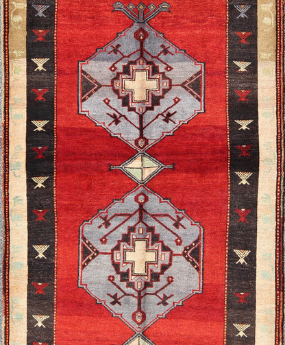 Vintage Turkish Oushak Rug With Multi - Layered Diamond Medallions in Beautiful Red Field. Keivan Woven Arts - A beautiful Red Background Vintage Turkish Oushak Carpet with Multi - Layered Diamond Medallions in Black Border and gray/lavender medallions... - Keivan Woven ArtsTU - SIM - 27 - 3922Rug