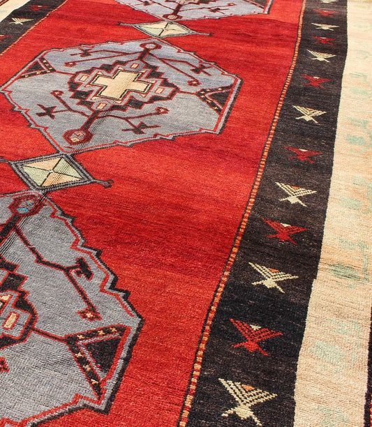Vintage Turkish Oushak Rug With Multi - Layered Diamond Medallions in Beautiful Red Field. Keivan Woven Arts - A beautiful Red Background Vintage Turkish Oushak Carpet with Multi - Layered Diamond Medallions in Black Border and gray/lavender medallions... - Keivan Woven ArtsTU - SIM - 27 - 3922Rug