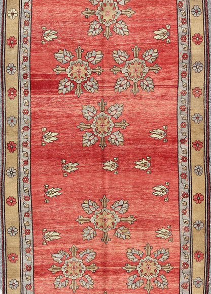 Vintage Turkish Oushak Carpet with Flowers in the Central Field and Borders Produced in mid - 20th century Turkey, this vintage Oushak is characterized by a comely and highly representative Oushak composition. Building on traditional designs, this... - Keivan Woven ArtsTU - SIM - 3641 - 6915Rug