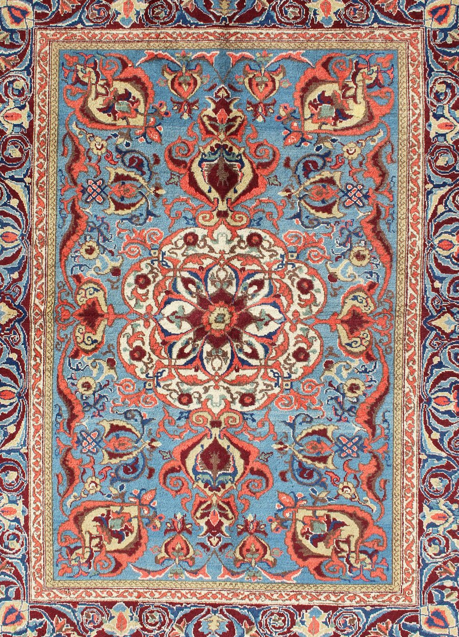 Antique Sivas Fine Rug with Blue Background Wine Border and Intricate Design. Fine Weave Turkish Sivas Rug Keivan Woven Arts Rug / TOZ - 136542 Fine Sivas, Measures: 4.6 x 6.4 The rich, opulent colors and sophisticated artistry of this antique Sivas c... - Keivan Woven ArtsTU - TOZ - 136542 - 5036Rug