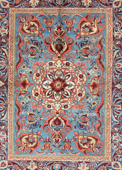 Antique Sivas Fine Rug with Blue Background Wine Border and Intricate Design. Fine Weave Turkish Sivas Rug Keivan Woven Arts Rug / TOZ - 136542 Fine Sivas, Measures: 4.6 x 6.4 The rich, opulent colors and sophisticated artistry of this antique Sivas c... - Keivan Woven ArtsTU - TOZ - 136542 - 5036Rug