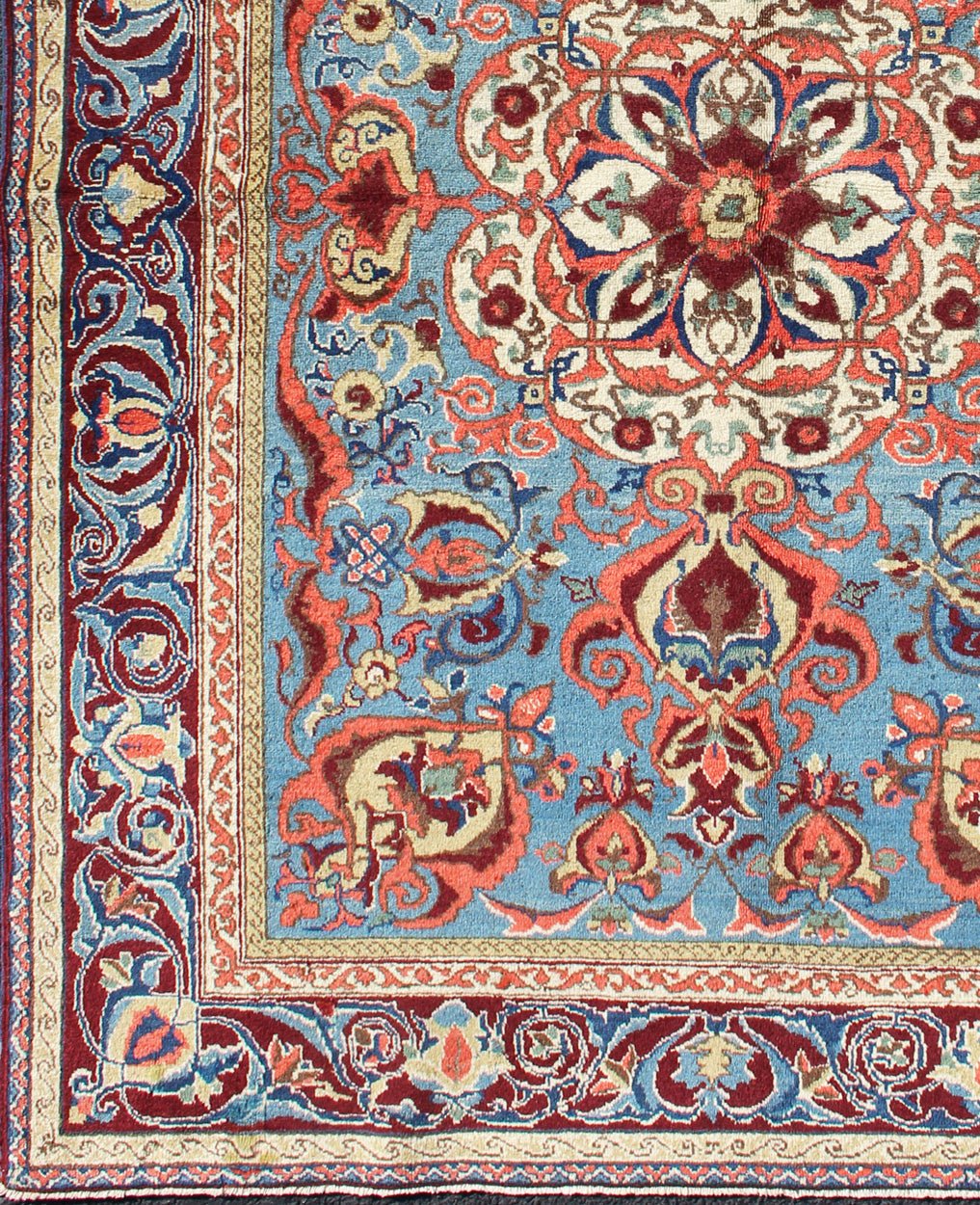 Antique Sivas Fine Rug with Blue Background Wine Border and Intricate Design. Fine Weave Turkish Sivas Rug Keivan Woven Arts Rug / TOZ - 136542 Fine Sivas, Measures: 4.6 x 6.4 The rich, opulent colors and sophisticated artistry of this antique Sivas c... - Keivan Woven ArtsTU - TOZ - 136542 - 5036Rug