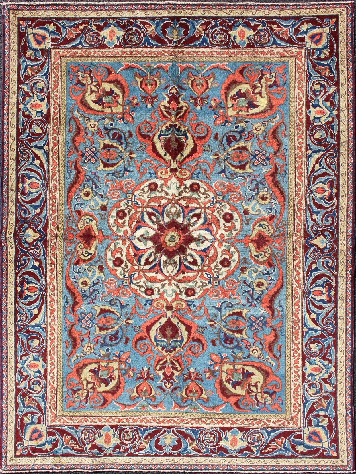 Antique Sivas Fine Rug with Blue Background Wine Border and Intricate Design. Fine Weave Turkish Sivas Rug Keivan Woven Arts Rug / TOZ - 136542 Fine Sivas, Measures: 4.6 x 6.4 The rich, opulent colors and sophisticated artistry of this antique Sivas c... - Keivan Woven ArtsTU - TOZ - 136542 - 5036Rug