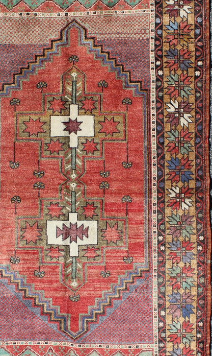 Vintage Turkish Oushak Rug with Tribal Medallion in Red, Green, Yellow & Purple. vintage oushak, colorful oushak. Tribal vintage Oushak rug with geometric medallion design, Keivan Woven Arts / rug TU - TOZ - 3353, country of origin / type: Turkey / Oushak,... - Keivan Woven ArtsTU - TOZ - 3353 - 5838Rug