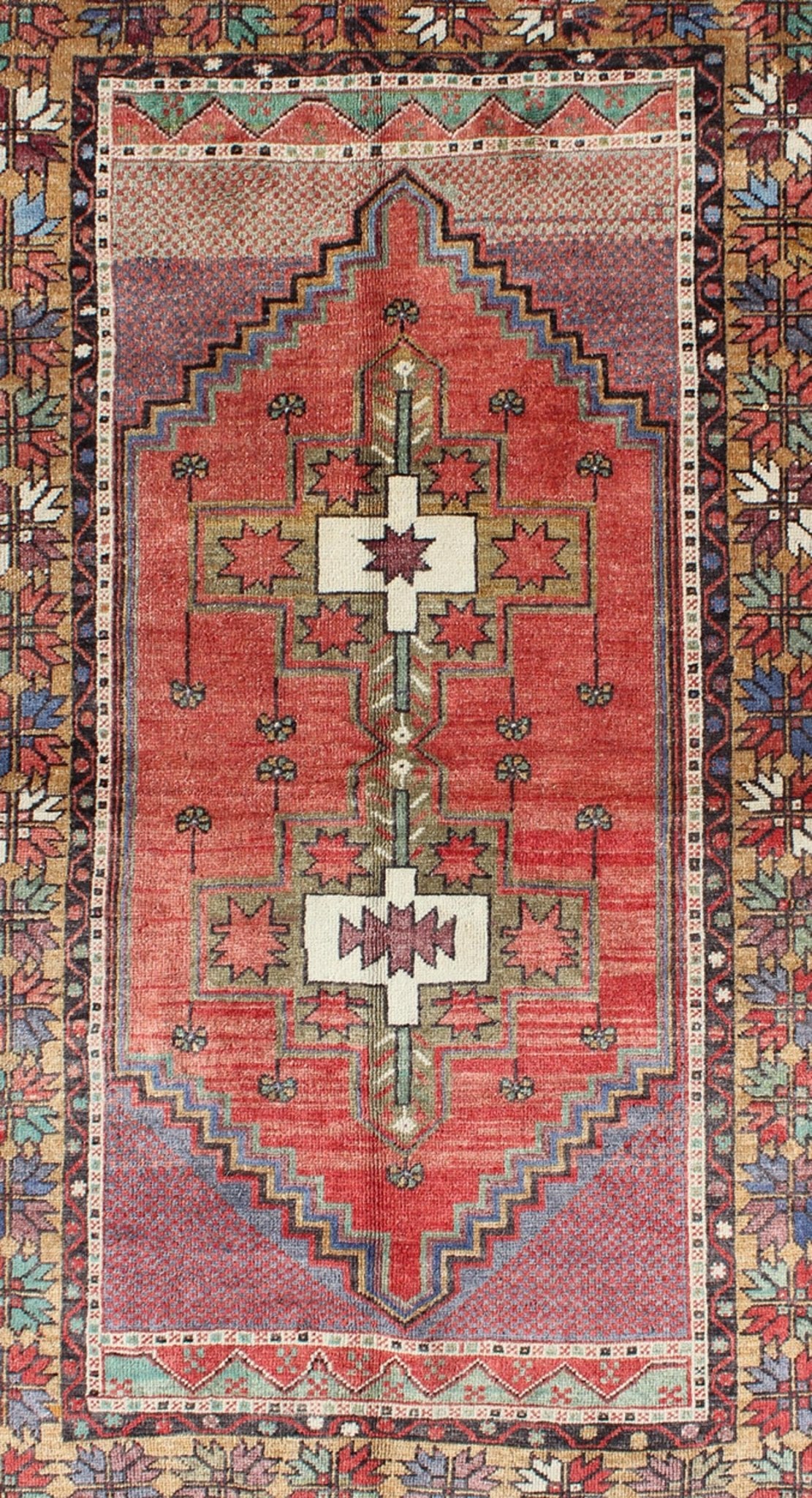 Vintage Turkish Oushak Rug with Tribal Medallion in Red, Green, Yellow & Purple. vintage oushak, colorful oushak. Tribal vintage Oushak rug with geometric medallion design, Keivan Woven Arts / rug TU - TOZ - 3353, country of origin / type: Turkey / Oushak,... - Keivan Woven ArtsTU - TOZ - 3353 - 5838Rug