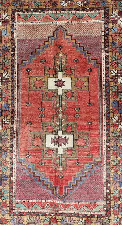 Vintage Turkish Oushak Rug with Tribal Medallion in Red, Green, Yellow & Purple. vintage oushak, colorful oushak. Tribal vintage Oushak rug with geometric medallion design, Keivan Woven Arts / rug TU - TOZ - 3353, country of origin / type: Turkey / Oushak,... - Keivan Woven ArtsTU - TOZ - 3353 - 5838Rug