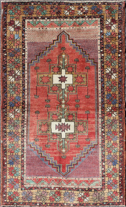 Vintage Turkish Oushak Rug with Tribal Medallion in Red, Green, Yellow & Purple. vintage oushak, colorful oushak. Tribal vintage Oushak rug with geometric medallion design, Keivan Woven Arts / rug TU - TOZ - 3353, country of origin / type: Turkey / Oushak,... - Keivan Woven ArtsTU - TOZ - 3353 - 5838Rug