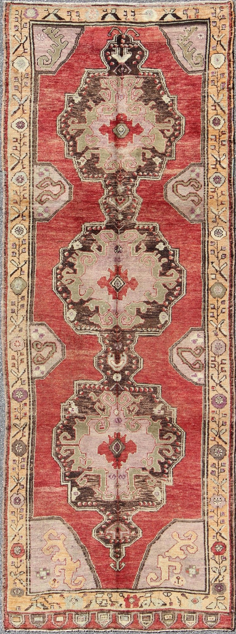 Gallery Vintage Oushak Carpet with Lustroud Wool and Three Central Medallions Vintage Oushak Carpet with Three Central Medallions rug/tu - trs - 104 origin/turkey This beautiful vintage Oushak runner from mid - 20th Century Turkey features ... - Keivan Woven ArtsTU - TRS - 104 - 2820Rug