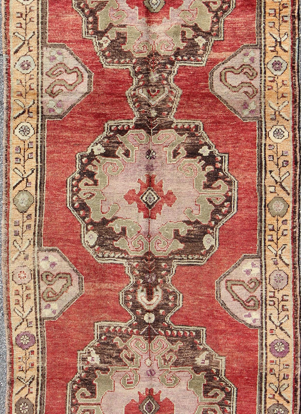 Gallery Vintage Oushak Carpet with Lustroud Wool and Three Central Medallions Vintage Oushak Carpet with Three Central Medallions rug/tu - trs - 104 origin/turkey This beautiful vintage Oushak runner from mid - 20th Century Turkey features ... - Keivan Woven ArtsTU - TRS - 104 - 2820Rug
